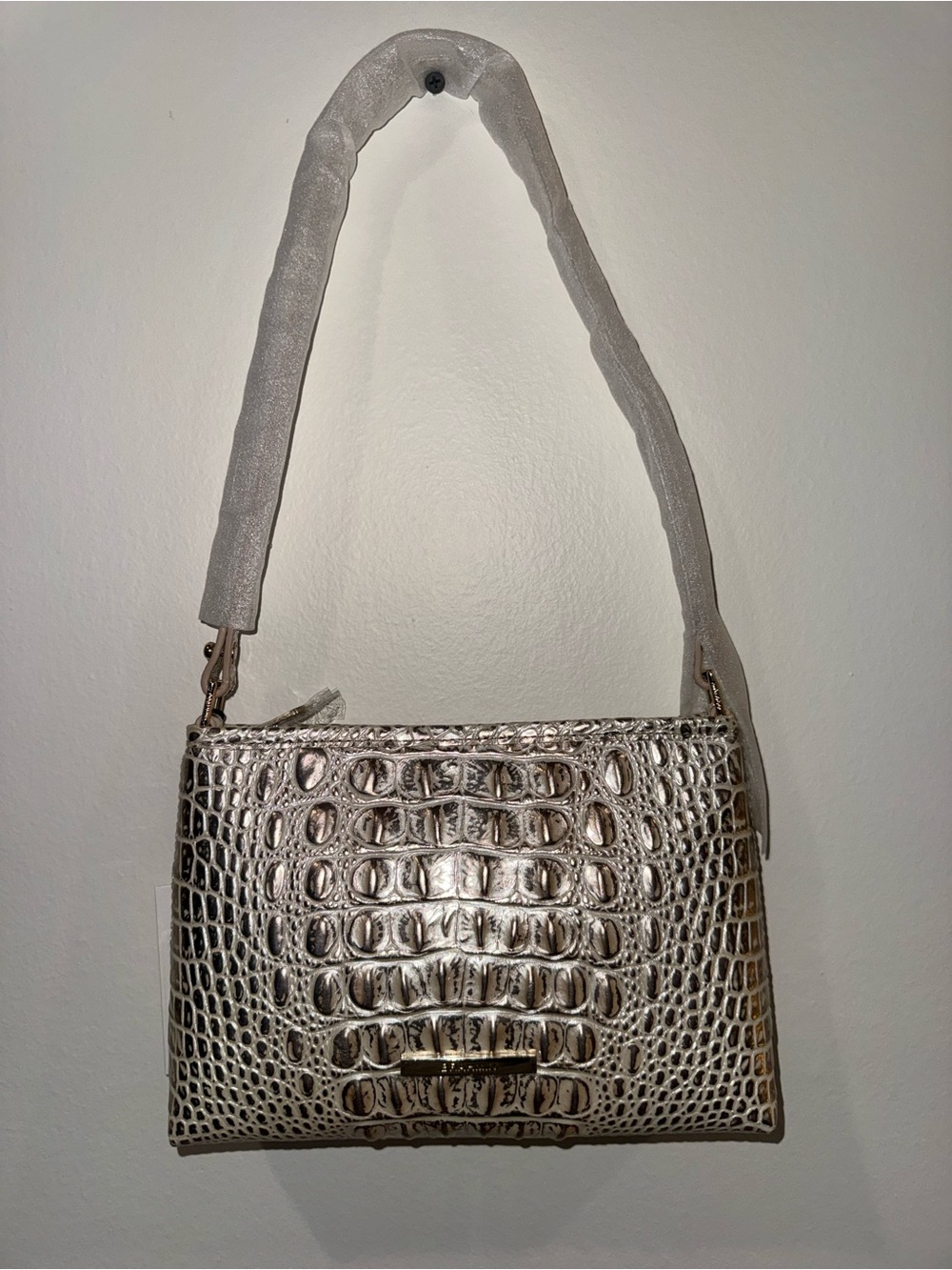 Metallic Croc-Embossed Shoulder Bag - Silver